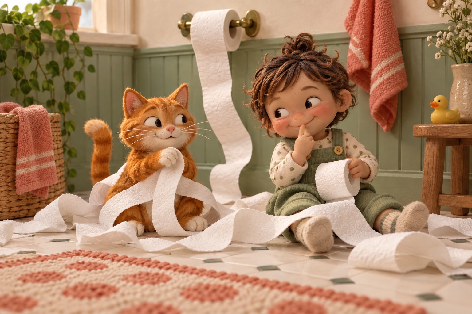 A clay-style orange cat and toddler sitting amid unrolled toilet paper in a warm bathroom
