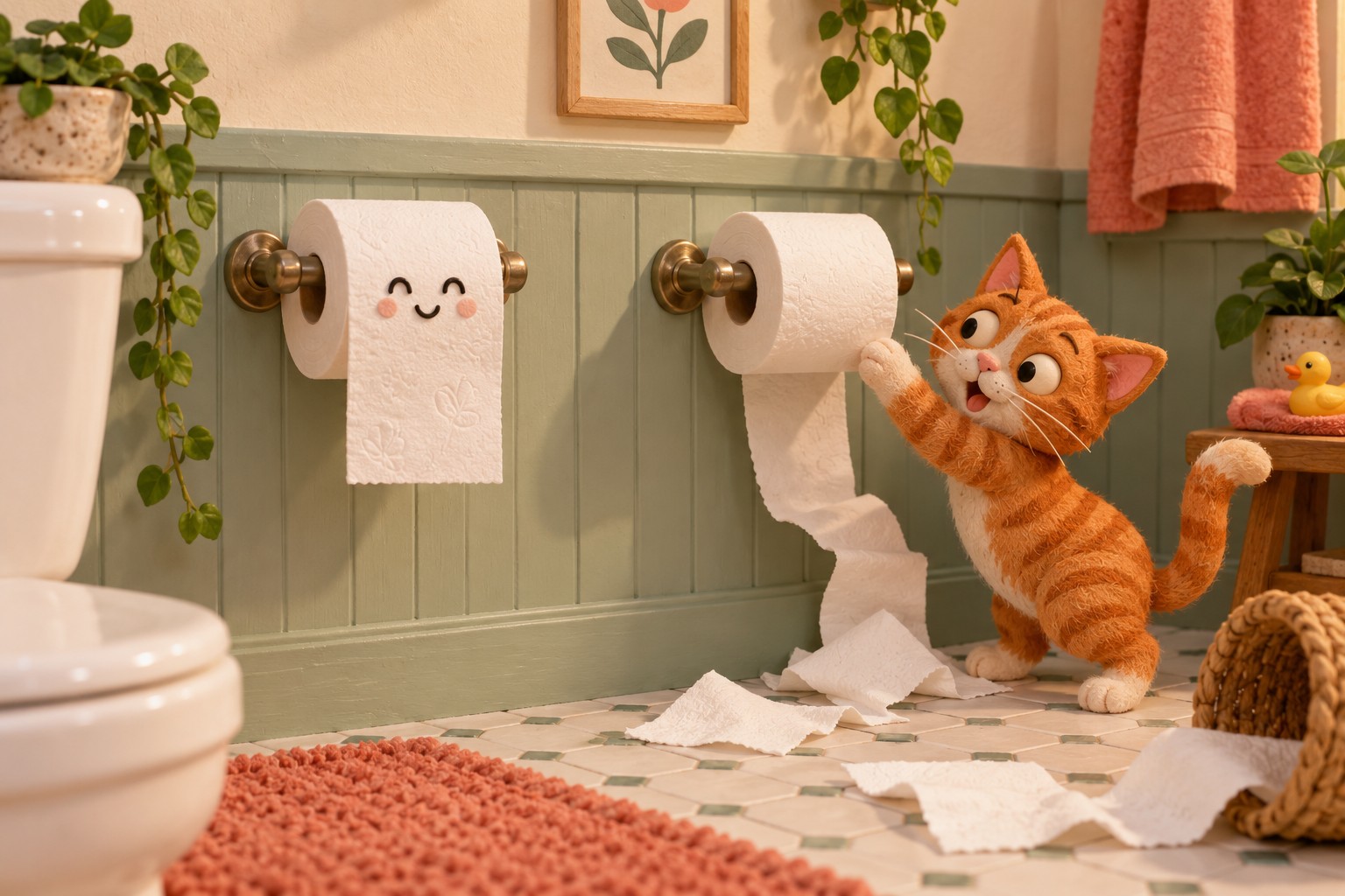 Playful illustration of an easy-to-reach toilet paper roll beside a mischievous orange cat investigating another roll